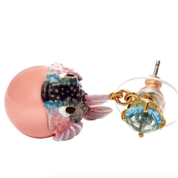 Les NEREIDES Boxfish And Light Blue Faceted Crystal Stone Pendant Sleeper Earrin - Picture 3 of 4